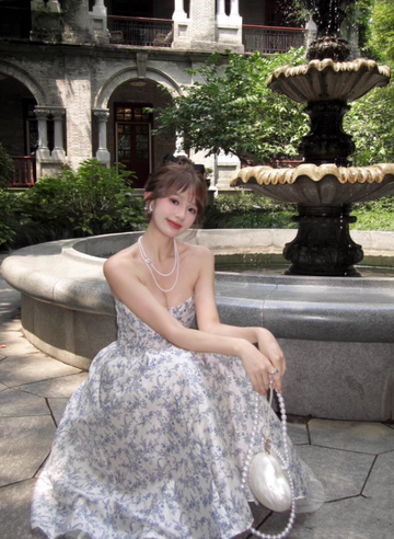 Blue A Line Sweetheart Neck Print Floral Satin Prom Dress 16th Birthday Dress HZ1023
